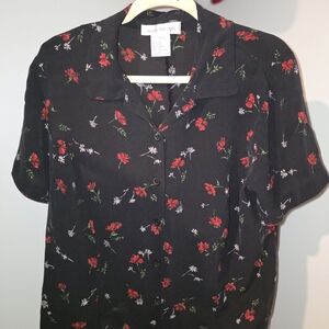 Jones New York Silk  Black Floral Blouse Size 16 W